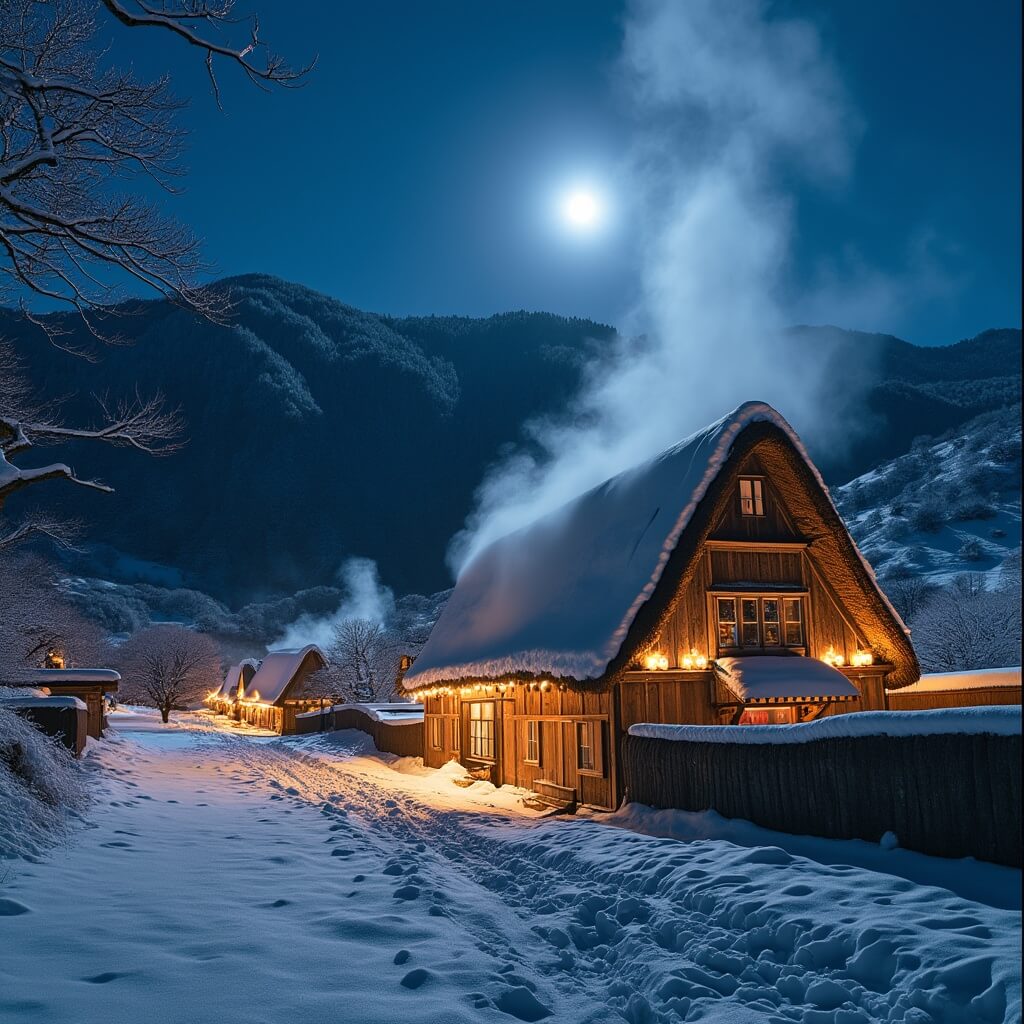 Majestic winter night view of a lit gassho-zukuri farmhouse in Shirakawa-go amidst pristine snow, with steam rising from its thatched roof under moonlight.