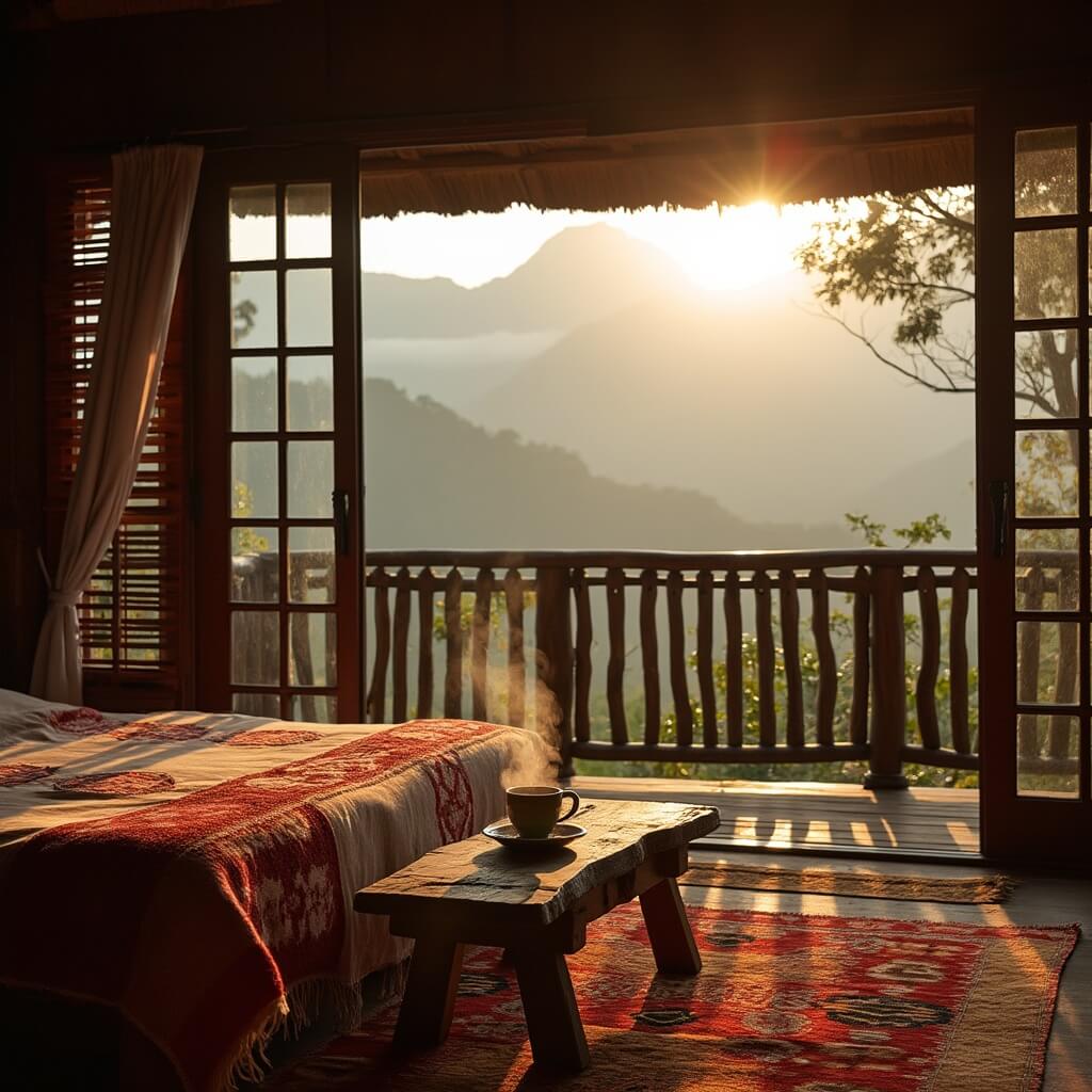 Sri Lankan eco-lodge bedroom with morning light showcasing handwoven textiles, local artwork and a cup of steaming Ceylon tea on a wooden table, with balcony view of misty mountains