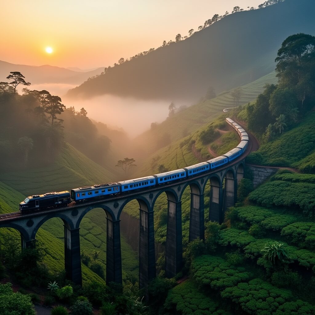 Vintage blue train crossing the Nine Arch Bridge in Ella, Sri Lanka at golden hour with misty mountains and tea plantations in background