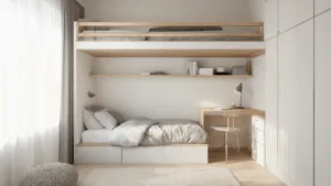 "Minimalist loft bedroom with vertical storage, floating shelves, and desk space in soft morning light"