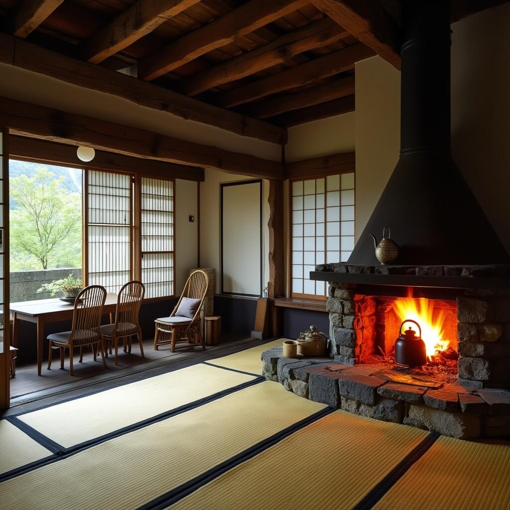 Traditional 200-year-old minshuku interior with wooden beams, irori fireplace, hanging tea kettle, tatami mats, and light through shoji screens