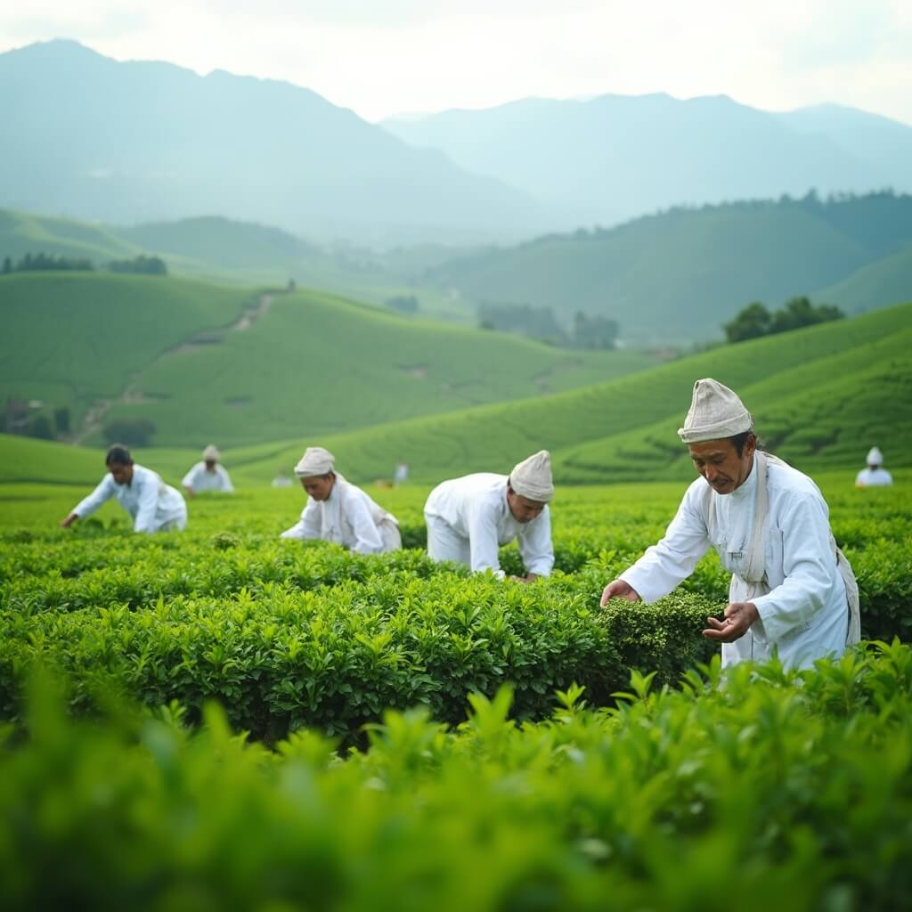 Traditional tea pickers in white clothing harvesting tea leaves by hand in a verdant plantation under soft natural light, with mountain silhouettes in distance