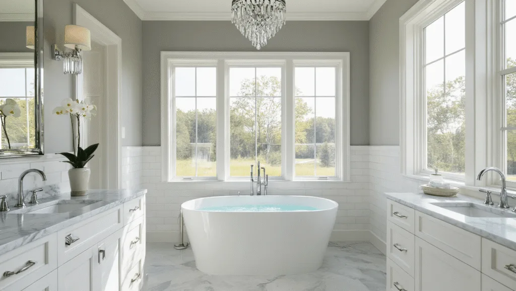 "Transitional bathroom with white tub, marble countertops, dove gray walls, and crystal chandelier in morning light"