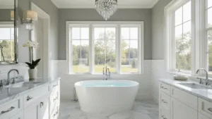 "Transitional bathroom with white tub, marble countertops, dove gray walls, and crystal chandelier in morning light"