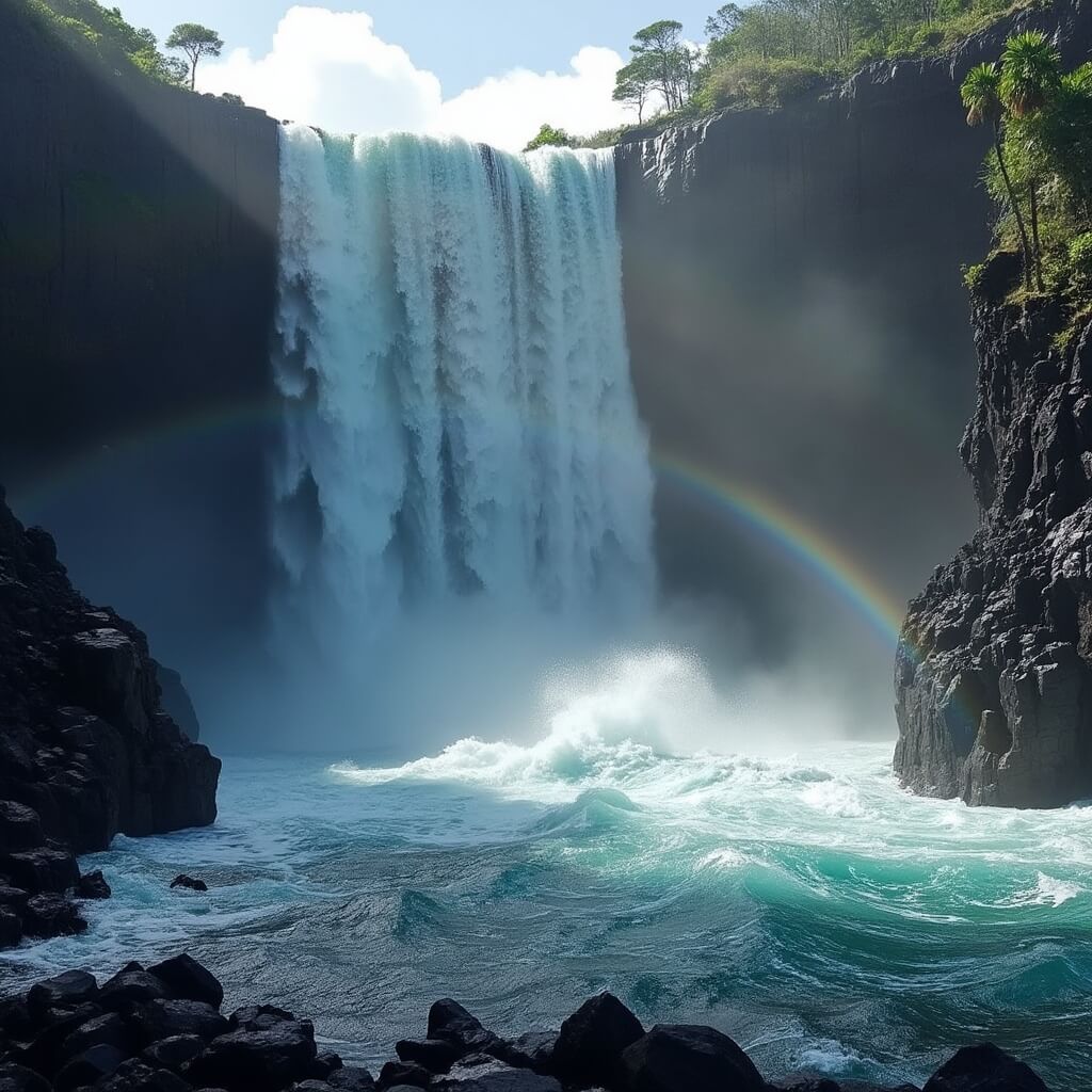 Powerful waterfall flowing over black volcanic rocks into the ocean, creating a misty environment with rainbows, surrounded by cliffs with basalt columns and tropical vegetation.