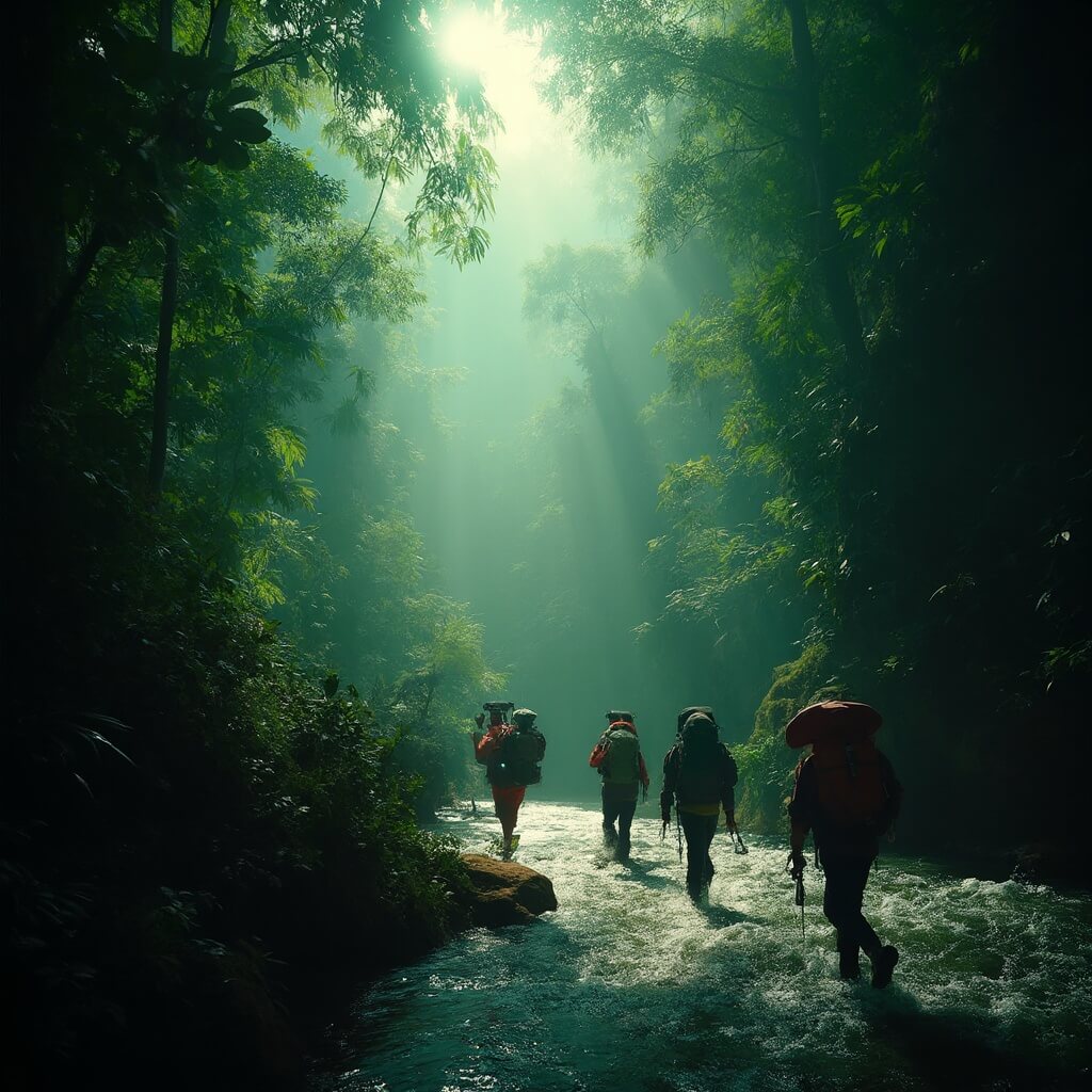 Group of explorers trekking through dense Vietnamese jungle beside a crystal-clear river with soft sunlight piercing through the green canopy