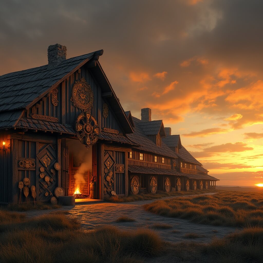 Majestic Viking longhouse at sunset with traditional Norse carvings, weapons, and shields illuminated by warm golden light against a backdrop of grass-covered hills and deep orange sky.
