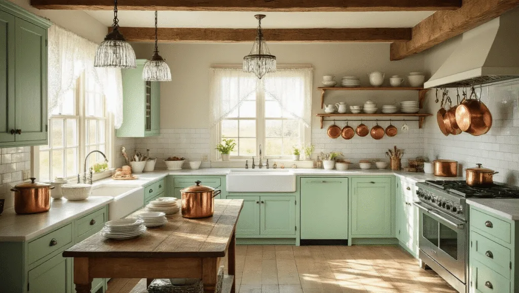 "Sunlit vintage farmhouse kitchen with mint green cabinets, wooden beams, hanging copper pots, vintage china shelves, and reclaimed wood island"