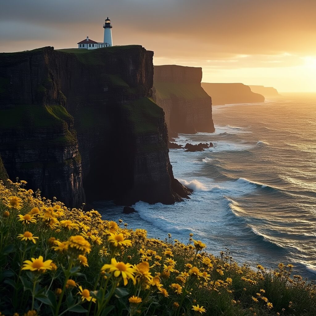 Sunset over black volcanic cliffs with vibrant yellow rapeseed flowers in the foreground, crashing waves below, and a white lighthouse on the cliff edge