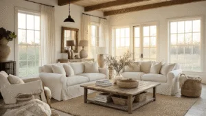 "Vintage modern farmhouse living room with warm golden light, exposed beams, cream linen sofa, distressed wood coffee table, woven baskets, industrial lighting, antique mirrors and neutral palette."