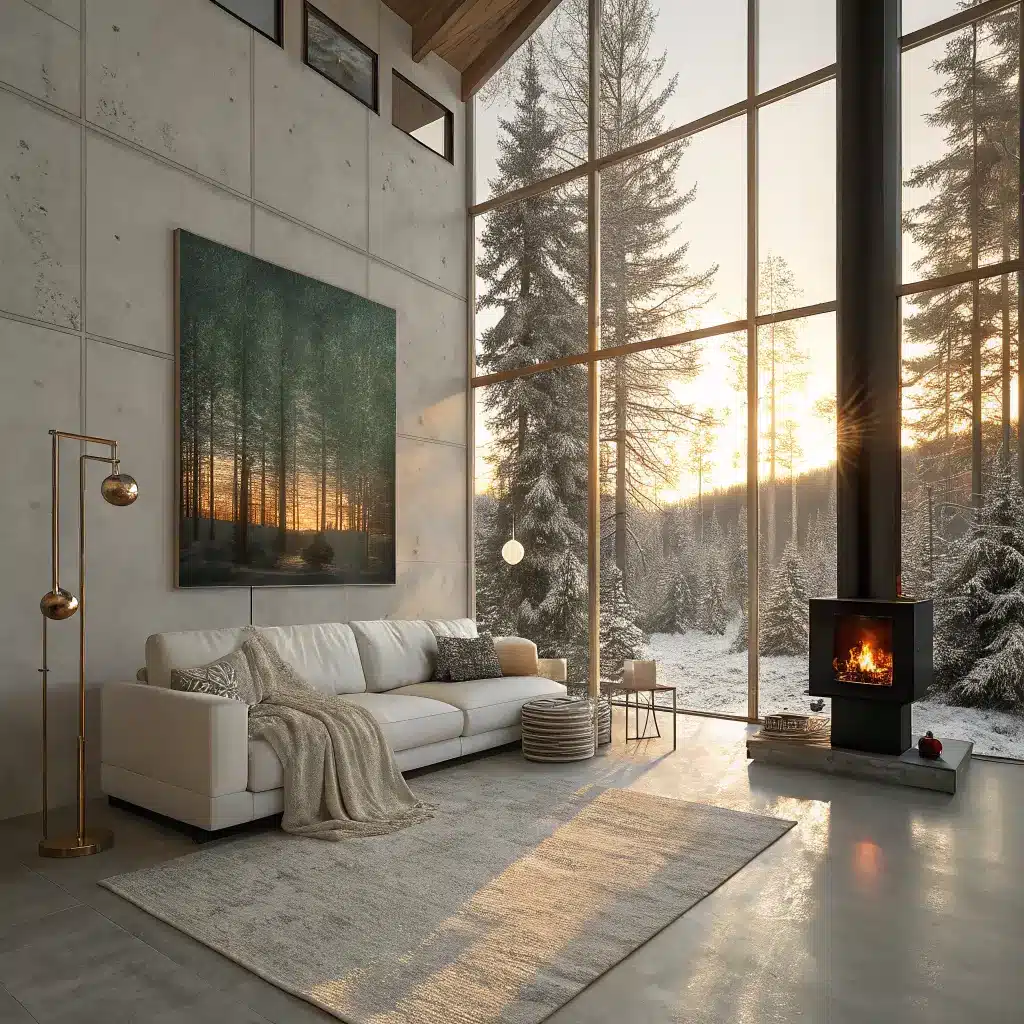 Holiday living room featuring warm sunlight, Scandinavian leather sofa by a black fireplace, abstract canvas art, concrete floor with sheepskin rug, brass floor lamp, and textured white walls