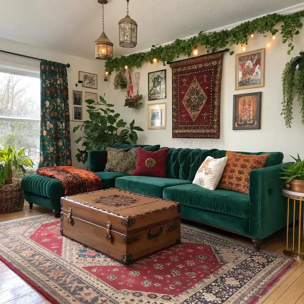 Bohemian maximalist Christmas living room with colorful vintage Persian rugs, emerald green velvet sectional, macramé wall hangings, travel trunk coffee table, Moroccan brass lanterns, and eclectic botanical and celestial themed artwork.