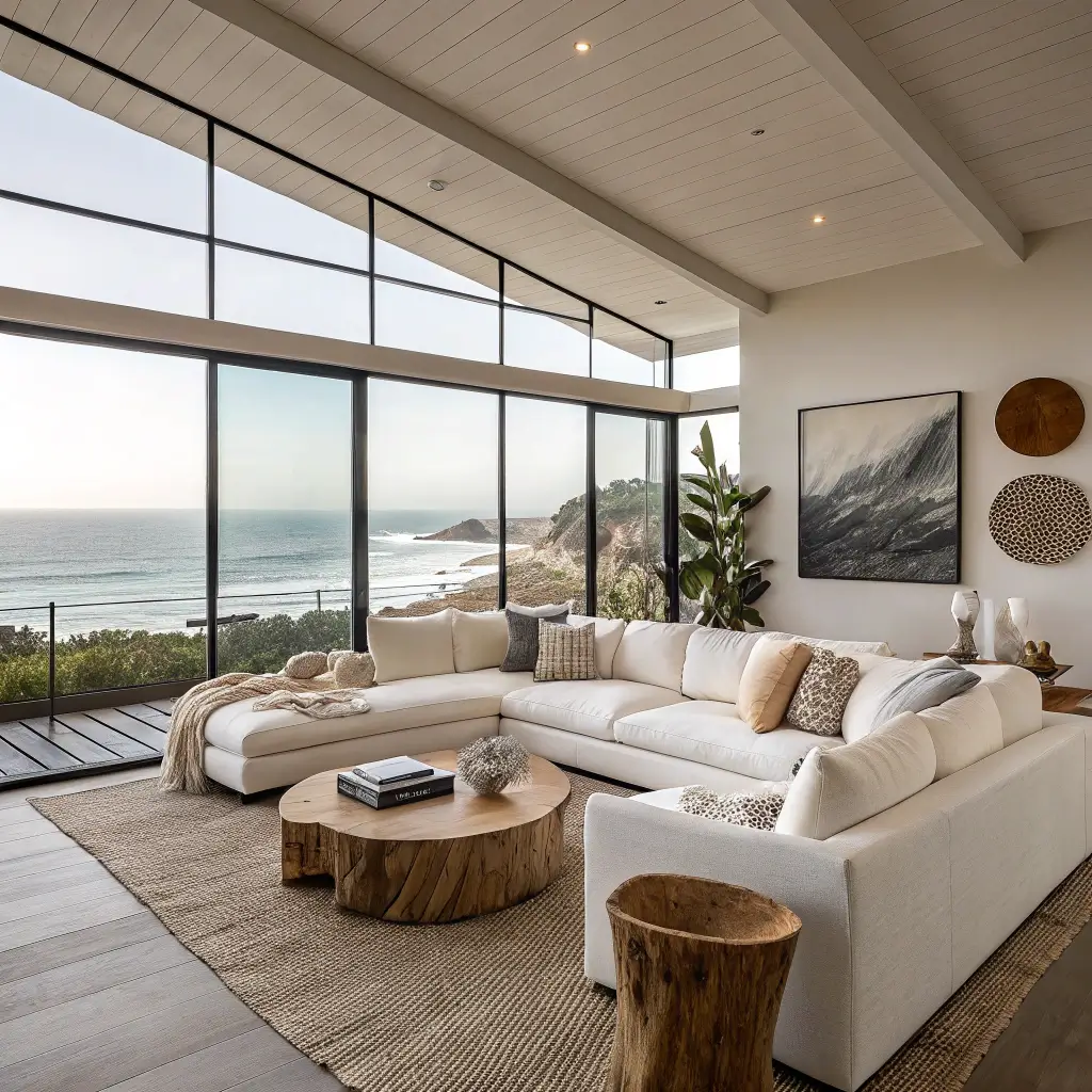 Contemporary coastal California living room with minimalist holiday decor, large windows with Pacific Ocean view, white modular sectional, driftwood coffee table, linen throws, black and white photography, ceramic sculptures, bronze accents, and a sisal rug.