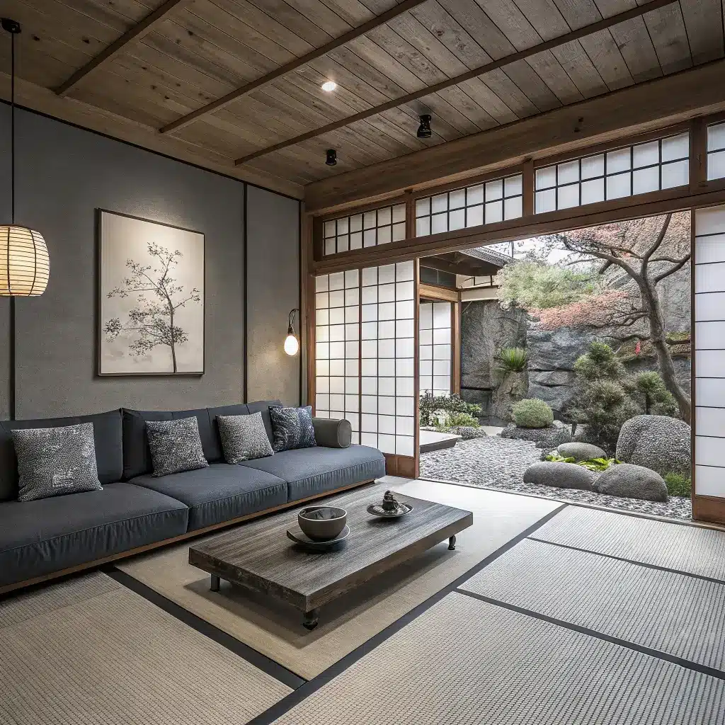 Zen holiday living room with minimalist Japanese aesthetic featuring tatami mat, low-profile gray sectional, ceramic tea set, minimal floral arrangement, abstract ink painting, shoji screens, visible stone garden, soft gray and indigo colors, architectural lighting with winter light creating an ethereal atmosphere.