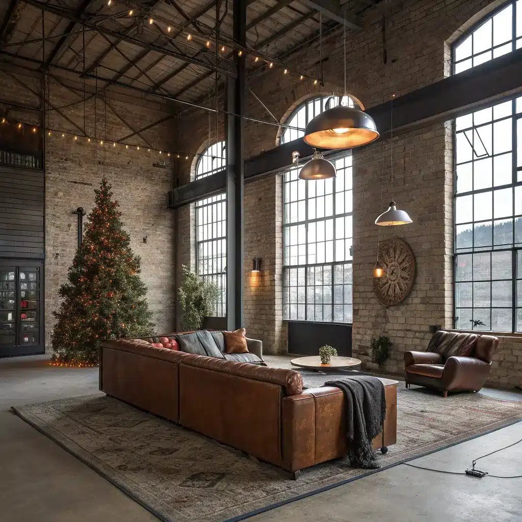 Industrial-themed Christmas living room featuring exposed brick walls, steel elements, vintage armchairs, oversized leather sectional, massive factory windows, concrete floors, abstract metal wall sculpture, wool blankets, metallic accents and dramatic side lighting.