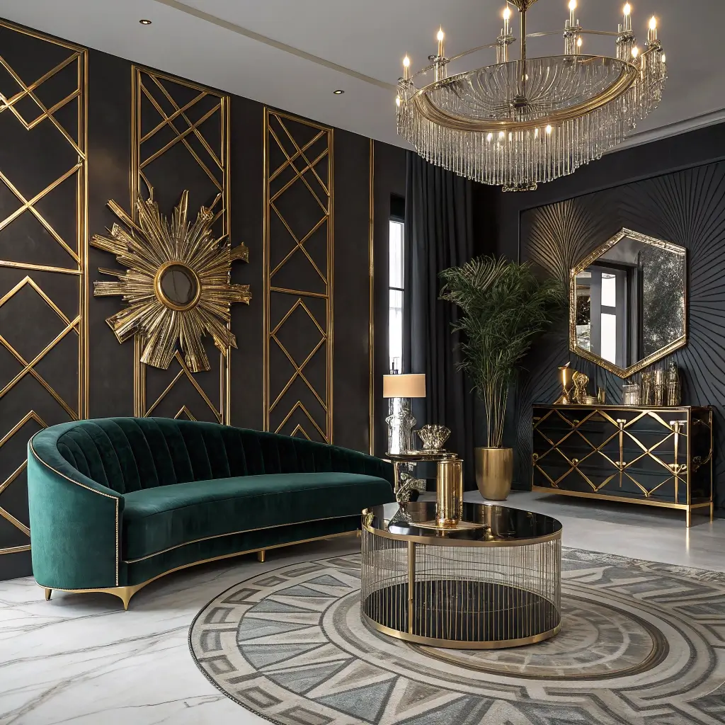 Luxurious art deco holiday living room featuring bold geometric patterns, black and gold palette, emerald velvet sectional, brass side tables, large-scale mirror, crystal bar cart, ceramic vases, dramatic chandelier, marble floor with brass inlay and dramatic lighting emphasizing luxury and architectural details.