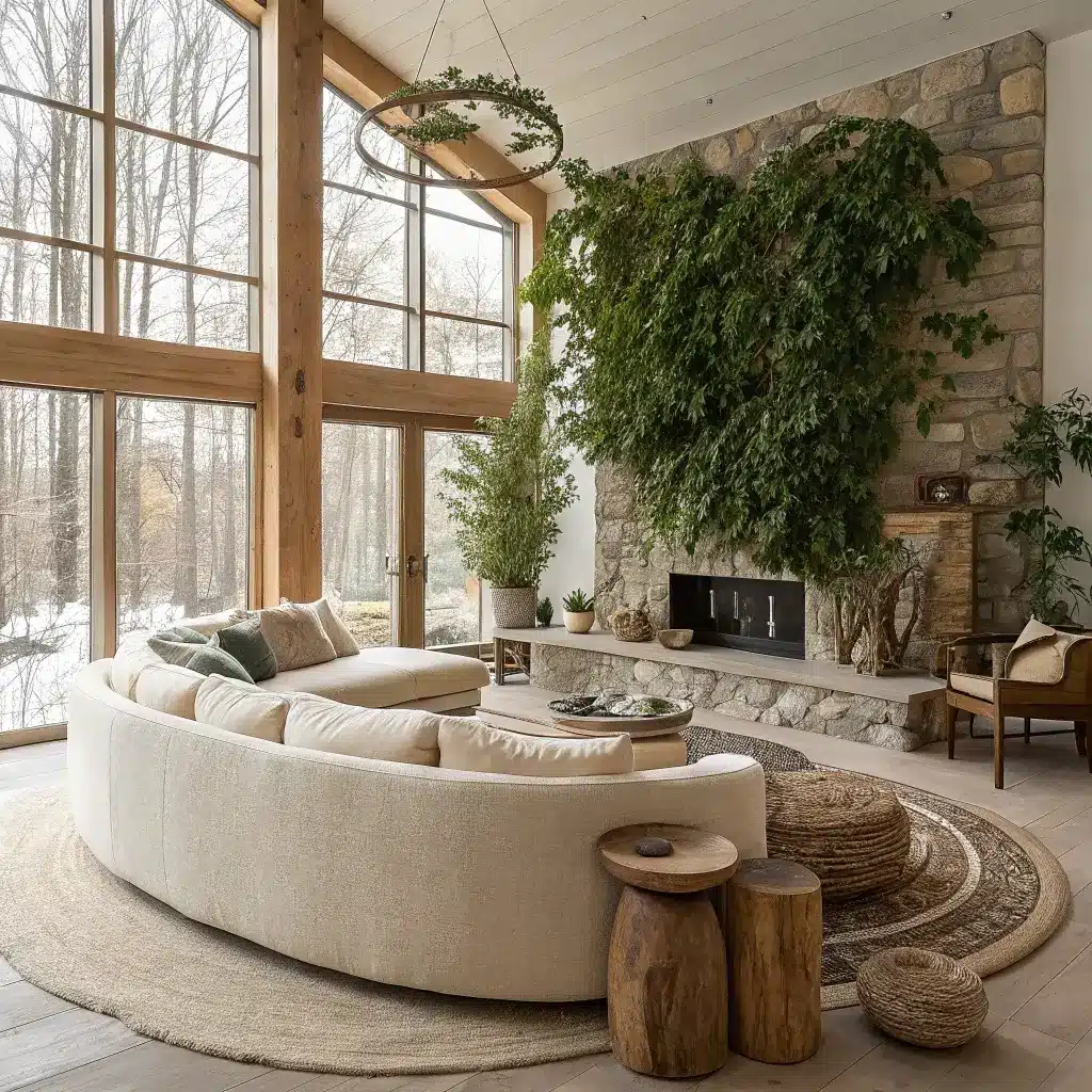 Modern and sustainable living room featuring organic materials, a large woolen sectional, a living plant wall, handcrafted wooden furniture, stone and clay accessories, with minimal holiday decorations and an abundance of natural light shining through large windows.