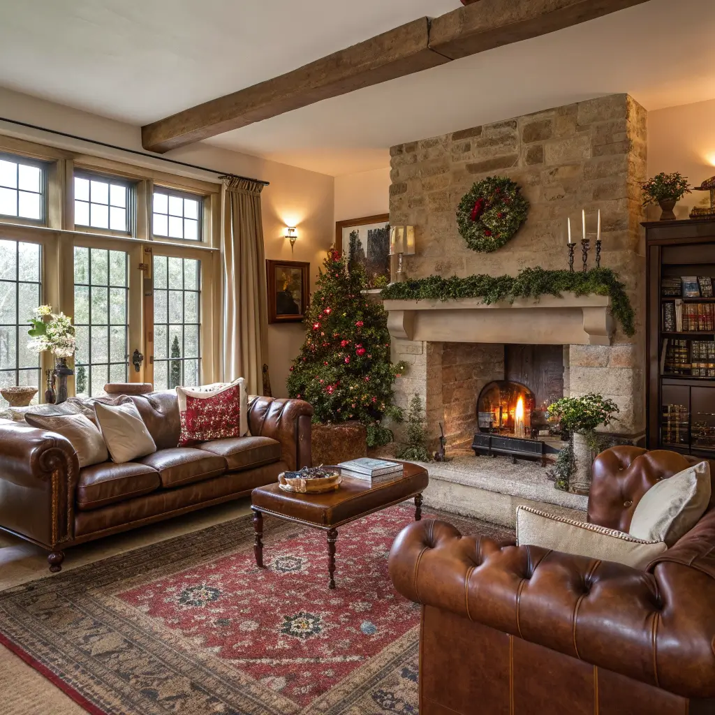 Elegant traditional English country holiday living room with massive stone fireplace, antique leather Chesterfield sofas, oriental wool rugs, botanical prints, crystal decanters, vintage books, wool throws, tartan accents and decorative objects in soft winter light creating a warm, intimate atmosphere