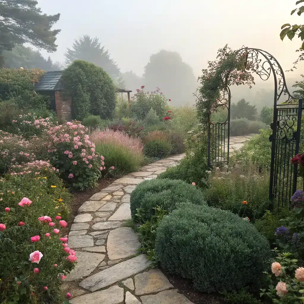 Early morning mist over a romantic cottage garden with a flagstone path, wrought iron gate, rose trellis and vintage metal sculptures among abundant perennial plants presenting a warm color palette of blush pink, sage green, and weathered gray.