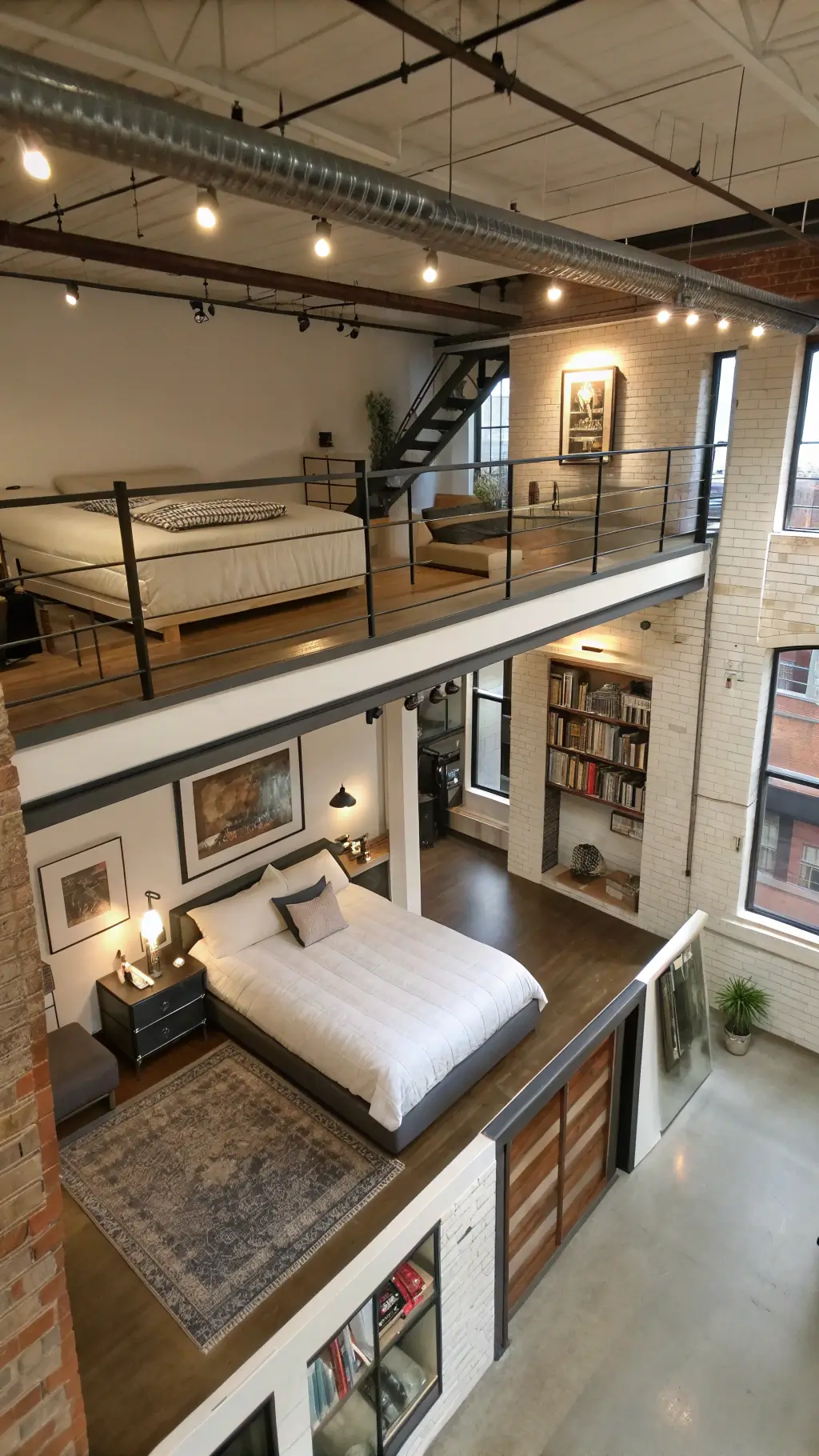 Overhead view of a loft-style studio with elevated sleeping area, living space underneath, exposed architectural elements, and floating shelves, decorated in a neutral color palette with textural variations and multiple light sources.