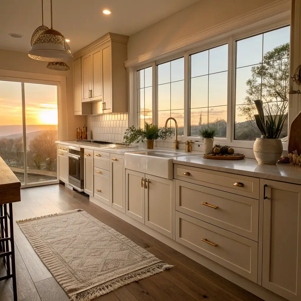 Sunlit spacious kitchen with beige cabinets, brass pulls, walnut cutting boards and cream utensil holders on quartz countertops, decorated with an oatmeal-colored linen runner, in minimalistic style with warm cream, brass, and wood tones