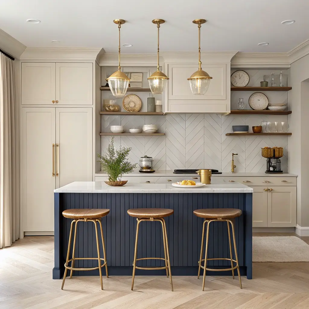 Compact kitchen transformation with beige cabinets, navy blue island, brass bar stools, pendant lights, open shelving with ceramic plates, marble scale, and herb planter