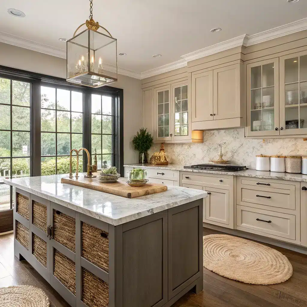 Modern luxurious beige kitchen with floor-to-ceiling windows, charcoal island with marble edge, and brass hardware with styling accessories