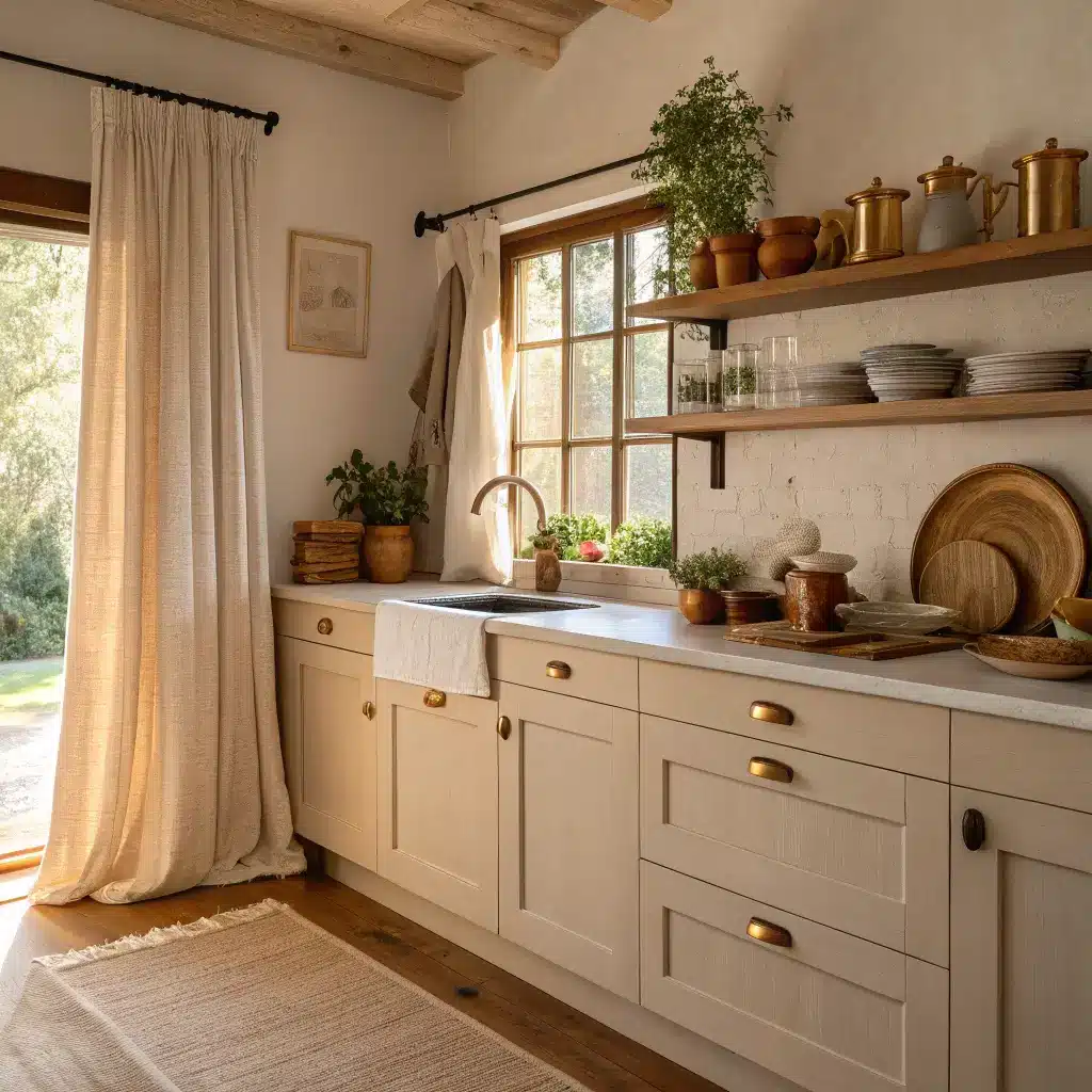Warm rustic-modern kitchen in late afternoon light, featuring beige shaker cabinets, brass pulls, open shelving with cream dishes, terracotta pottery accents, and a small herb garden by the window