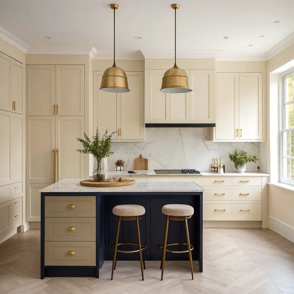 Bright minimalist kitchen with beige cabinets, gold handles, a navy island, marble bar stools, and pendant lights, featuring a wooden cutting board, ceramic utensil holder, and potted herbs on the countertop, shot in an architectural photography style with emphasis on natural light and geometric composition