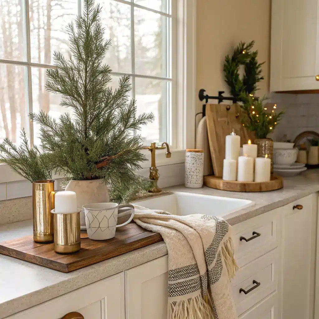 Winter-themed cozy kitchen with beige cabinets, brass hardware, open shelving with white pottery, evergreen branches in brass vases and warm candlelight creating a hygge atmosphere