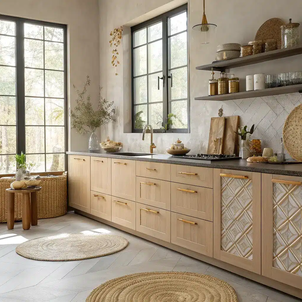 Bohemian style kitchen with beige cabinets, brass accents, large windows for natural light, woven placemats, ceramic canisters, glass storage, wooden utensil holders, marble kitchen scale, a dark charcoal island, and soft lighting.