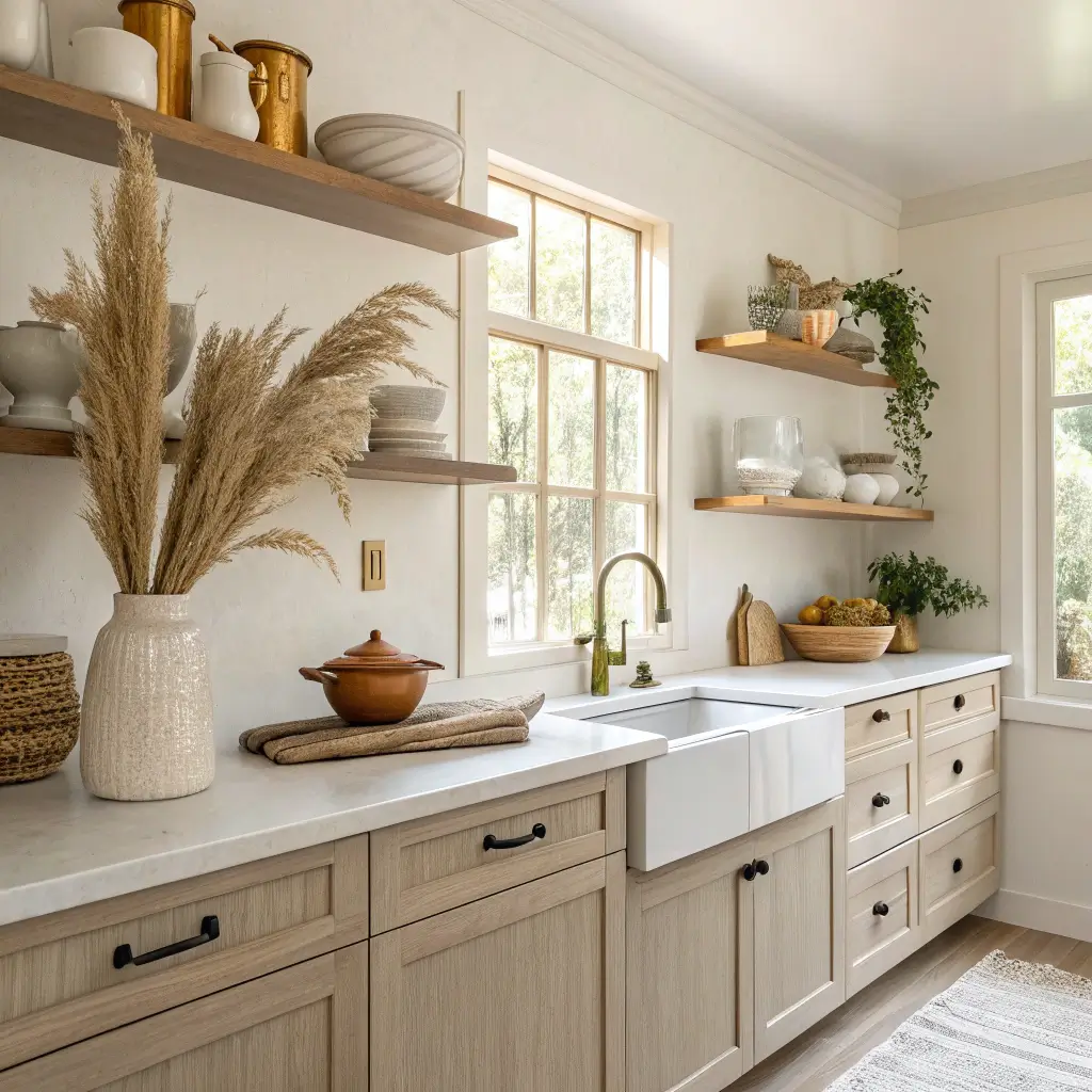 Late summer afternoon light illuminating a transitional beige kitchen with white walls, natural wood tones, and brass hardware. Open shelving displays cream ceramics and dried pampas grass in a brass vase, while terracotta pottery and linen textiles suggest seasonal transition on quartz countertops, highlighting the design evolution.