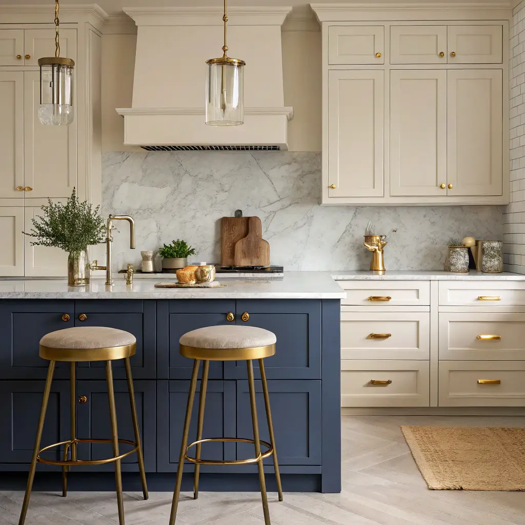 Elegant beige kitchen with shaker cabinets, gold detailing, navy island with marble edge, wooden and ceramic kitchen accessories, under-cabinet lighting, and small herb garden in soft morning light.