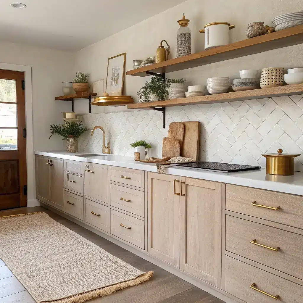 Serene organic modern kitchen with warm wood accents, brass hardware, beige textural cabinets, opened shelving filled with cream ceramics, wooden serving boards, linen runner, woven placemats and contrasting charcoal island, illuminated by filtered daylight.