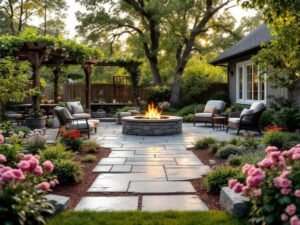 "Cinematic golden hour view of a landscaped backyard featuring a stone patio, sage green and terracotta plants, blush pink climbing roses on a cedar trellis, and a rustic fire pit, with a focus on textured stone pathways, lush perennial plantings, and comfortable outdoor seating arrangement."