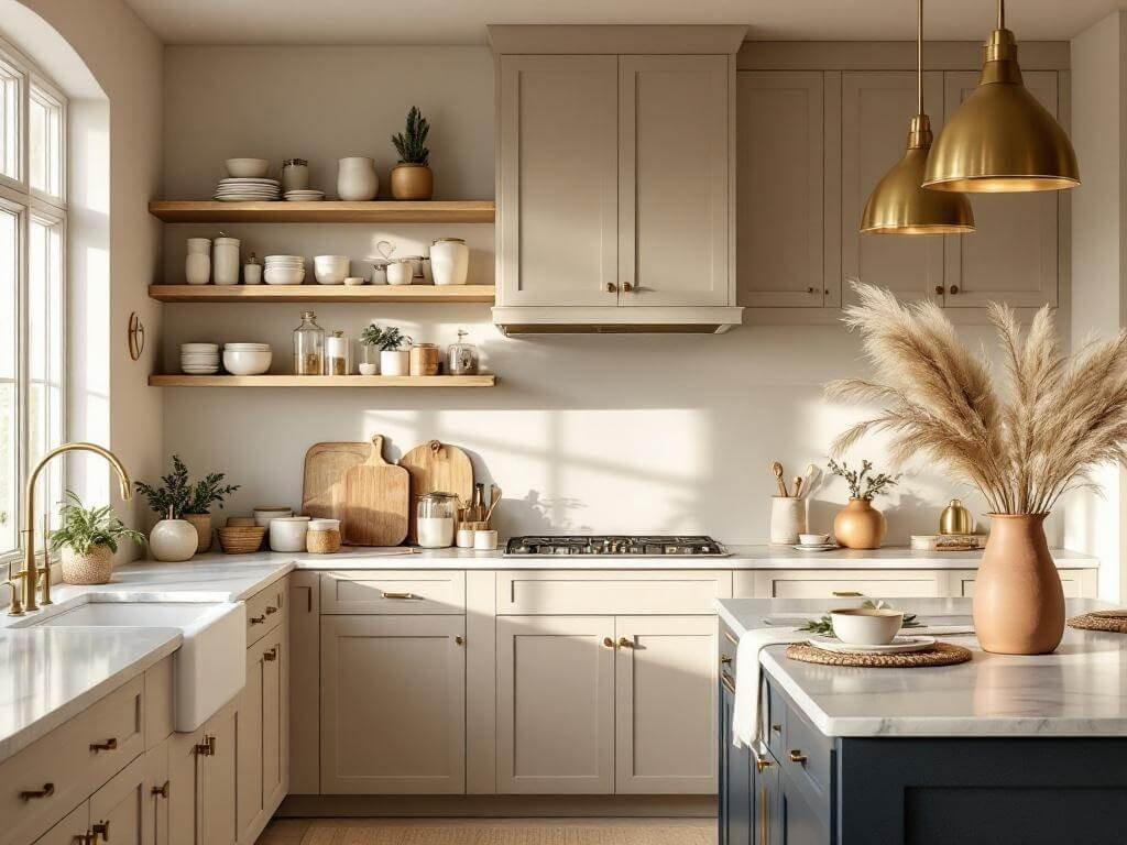 "Beige kitchen with warm shaker cabinets, brass hardware, marble-edged navy island, cream and taupe ceramics on open shelves, under soft pendant light and bathed in warm natural light from large windows."