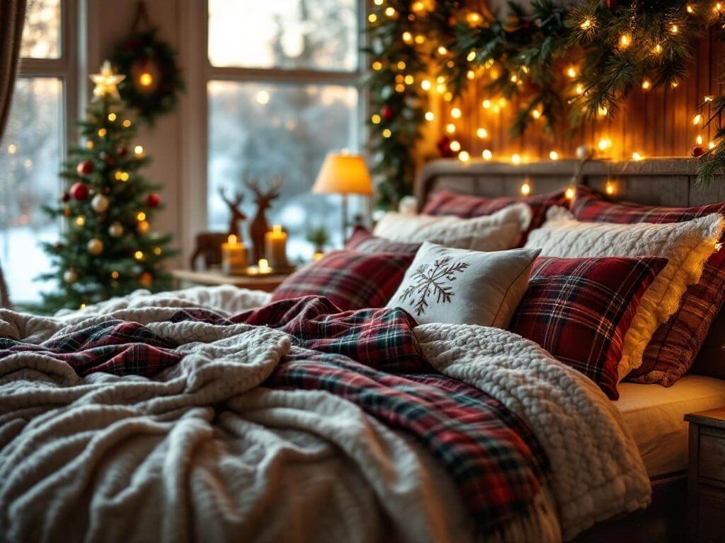 "Cozy Christmas bedroom with tartan bedding, string lights, evergreen accents, and soft metallic details on a warm neutral background."