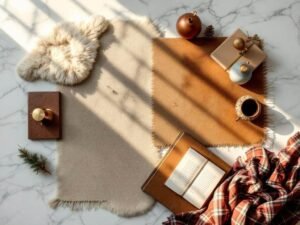 "Christmas living room style essentials featuring warm lighting, various textures of brass, leather and velvet, arranged on a clean white marble background"