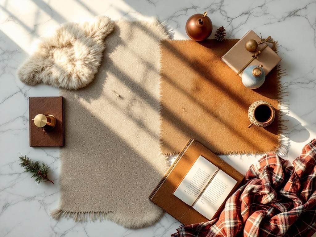 "Christmas living room style essentials featuring warm lighting, various textures of brass, leather and velvet, arranged on a clean white marble background"