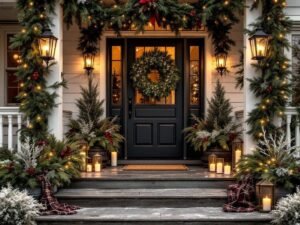 "Symmetrically decorated front porch with evergreen wreaths, pine-filled planters, twinkling string lights, and warm LED lanterns, capturing a luxurious holiday atmosphere."