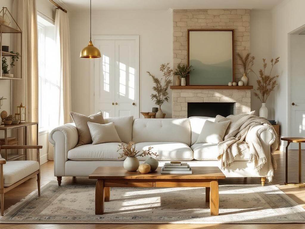 "Modern cottage living room with cream linen sofa, reclaimed wood coffee table, sheer curtains, vintage Persian rug, brass pendant lights, and sage green artwork in warm afternoon light"