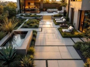 "Aerial view of a luxury backyard sanctuary with geometric pavers, decorative grasses, an outdoor living zone, and modern home, bathed in golden hour light"