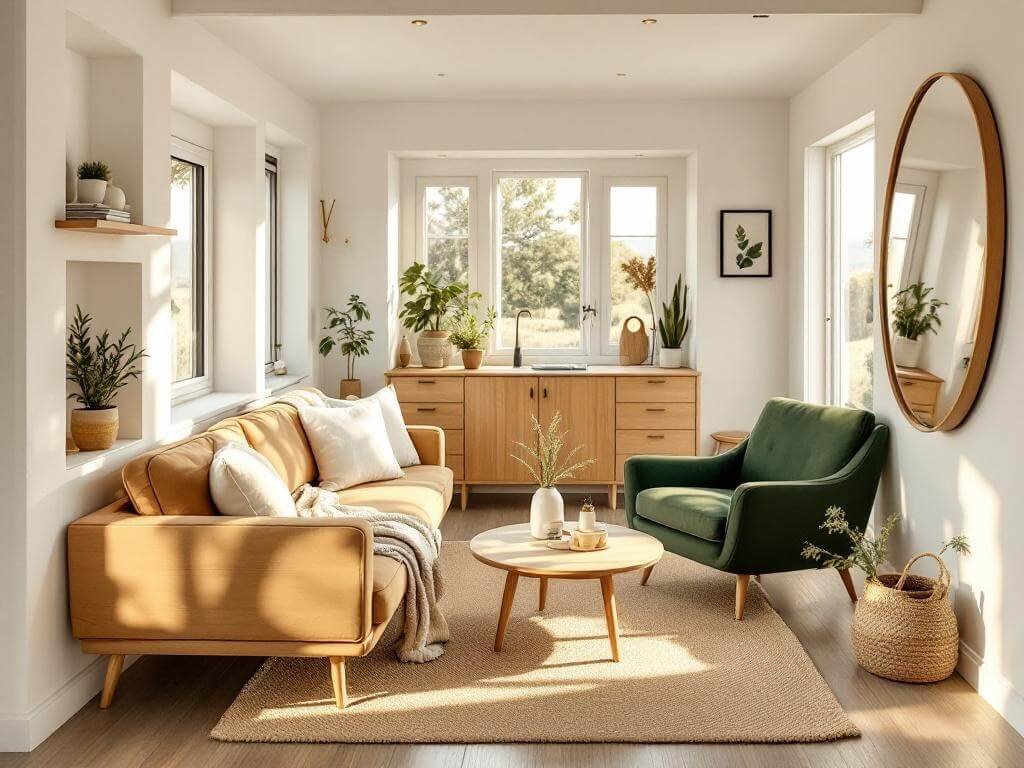 "Scandinavian-inspired tiny house interior featuring a beige modular sofa, forest green accent chair, minimalistic decor, and warm morning light streaming through large windows."
