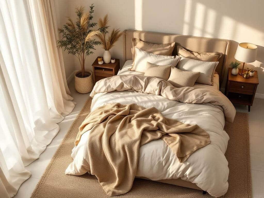 "Scandinavian-boho styled serene beige bedroom with layered textures and natural elements, bathed in warm dawn light."