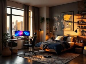 "Teen boy's modern and multifunctional bedroom featuring a walnut wood platform bed with navy bedding, a floating desk with dual monitors, textured rugs, and a warm golden hour sunlight streaming through charcoal curtains."