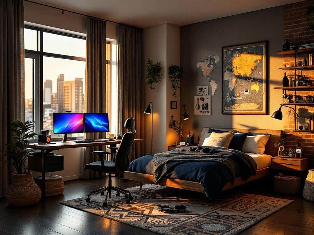 "Teen boy's modern and multifunctional bedroom featuring a walnut wood platform bed with navy bedding, a floating desk with dual monitors, textured rugs, and a warm golden hour sunlight streaming through charcoal curtains."