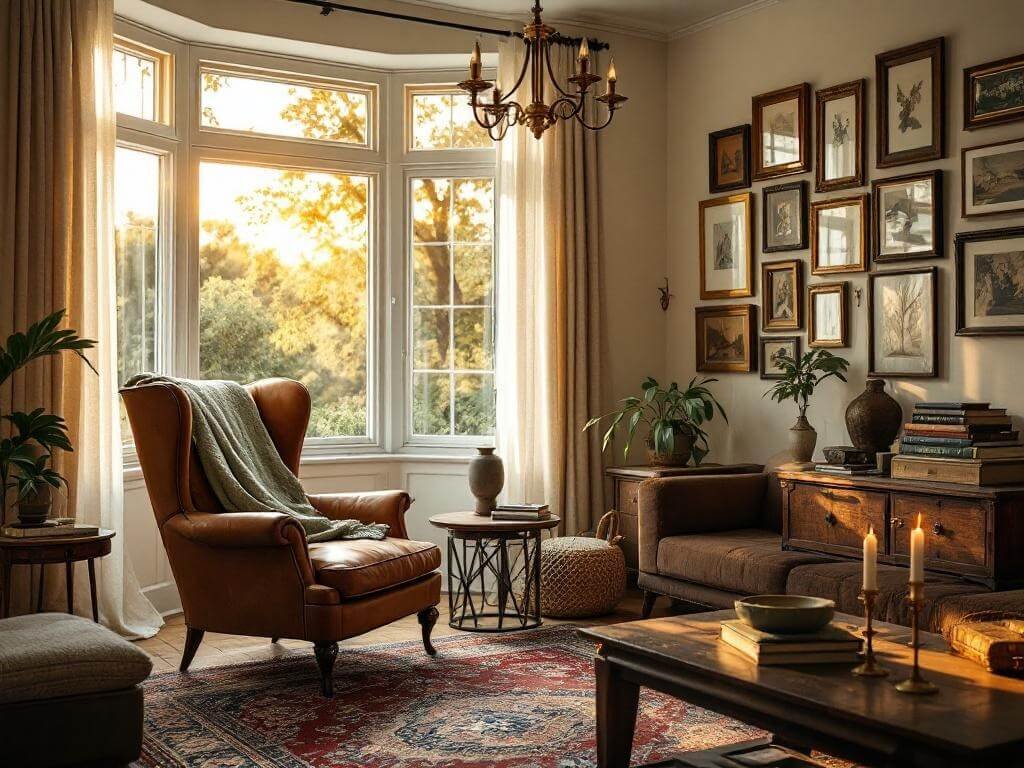 "Sunlit vintage living room with distressed leather armchair, brass chandelier, Persian rug, and antique decor."